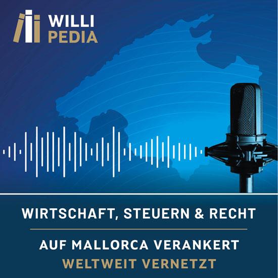 Das Podcast Bild für Willipedia, ein Mikro mit Tonausschlägen auf blauem Hintergrund 