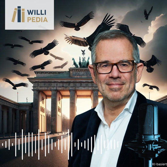 John Eulenburg mit weißem Hemd und schwarzen Jacket vor dem Brandenburger Tor, im Hintergrund fliegen schwarze Vögel vor grauem Himmel