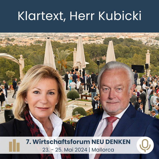 Sabine Christiansen und Wolfgang Kubicki im Portrait, im Hintergrund die Terrasse vom Castillo Hotel in Son Vida mit Blick auf Palma