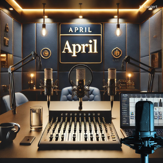 Ein Podcast Studio in blau gol und im Hintergrund erscheint das Wort April