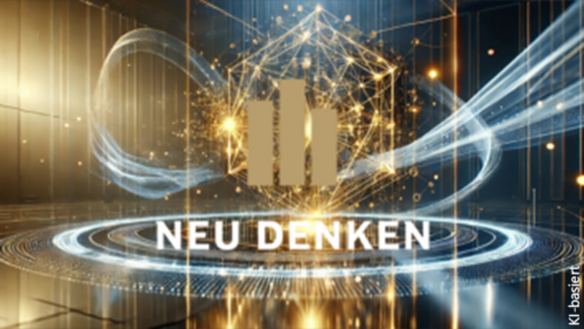 NEU DENKEN Logo auf Ki-erzeugtem futuristischem Hintergrund