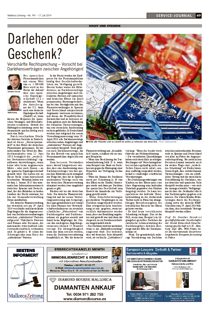 Mallorca Zeitung Nr. 741 -17. Juli 2014: "Darlehen oder Geschenk?"