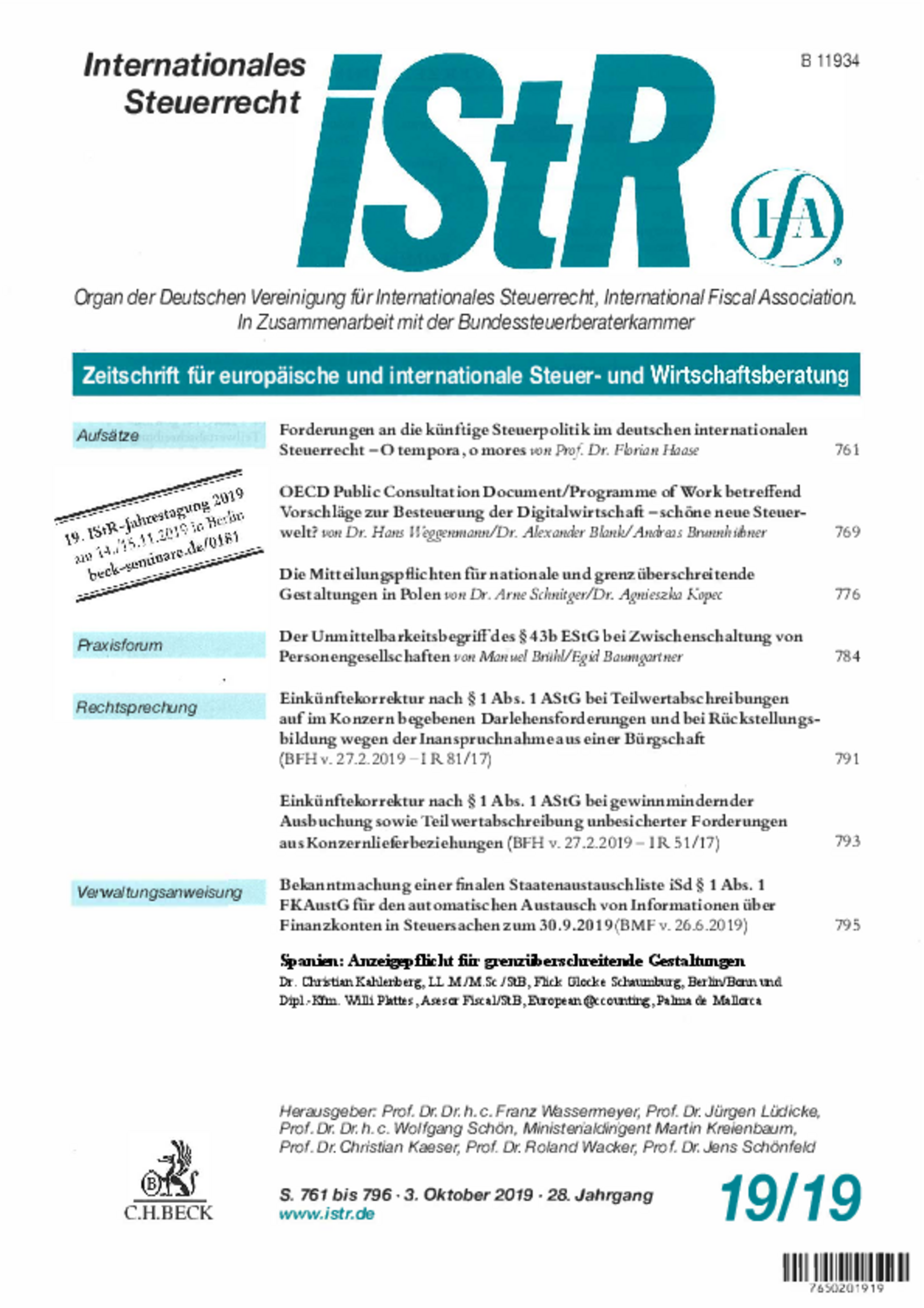 iStR - Internationales Steuerrecht 10/2019: Artikel zur Anzeigepflicht für grenzüberschreitende Gestaltungen von Willi Plattes mit Dr. Christian Kahlenberg.