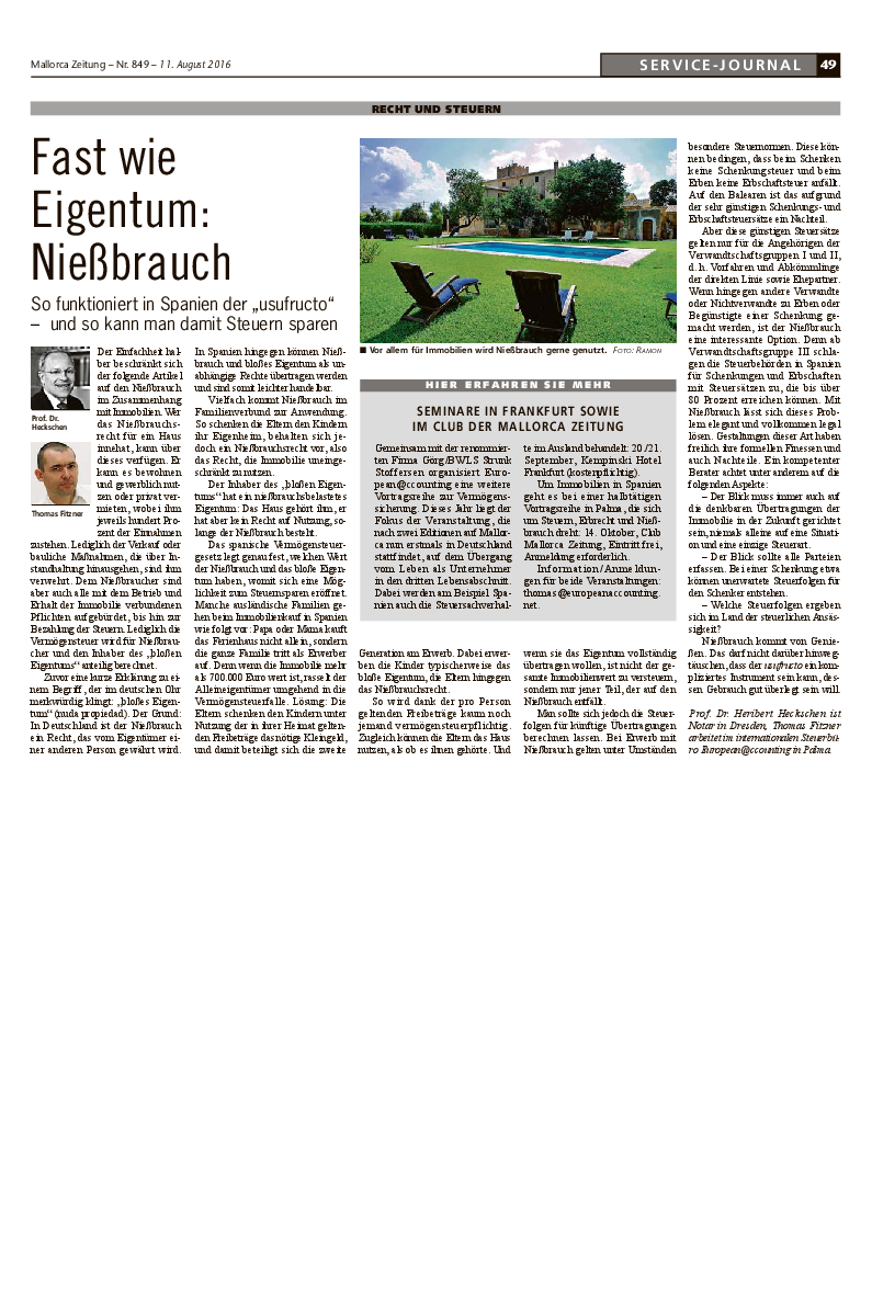 Mallorca Zeitung Nr. 849 - 11. August 2016: "Fast wie Eigentum: Nießbrauch."