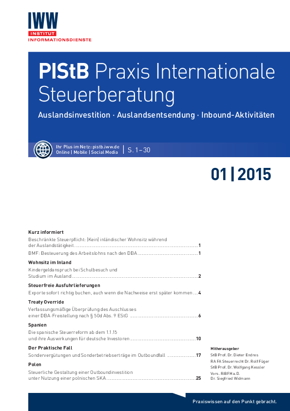 Ausschnitt IWW PIStB Praxis Internationale Steuerberatung 01/2015