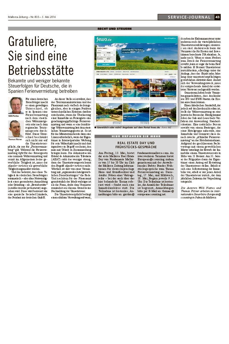 Mallorca Zeitung Nr. 835 - 5. Mai 2016: "Gratuliere, Sie sind eine Betriebsstätte."