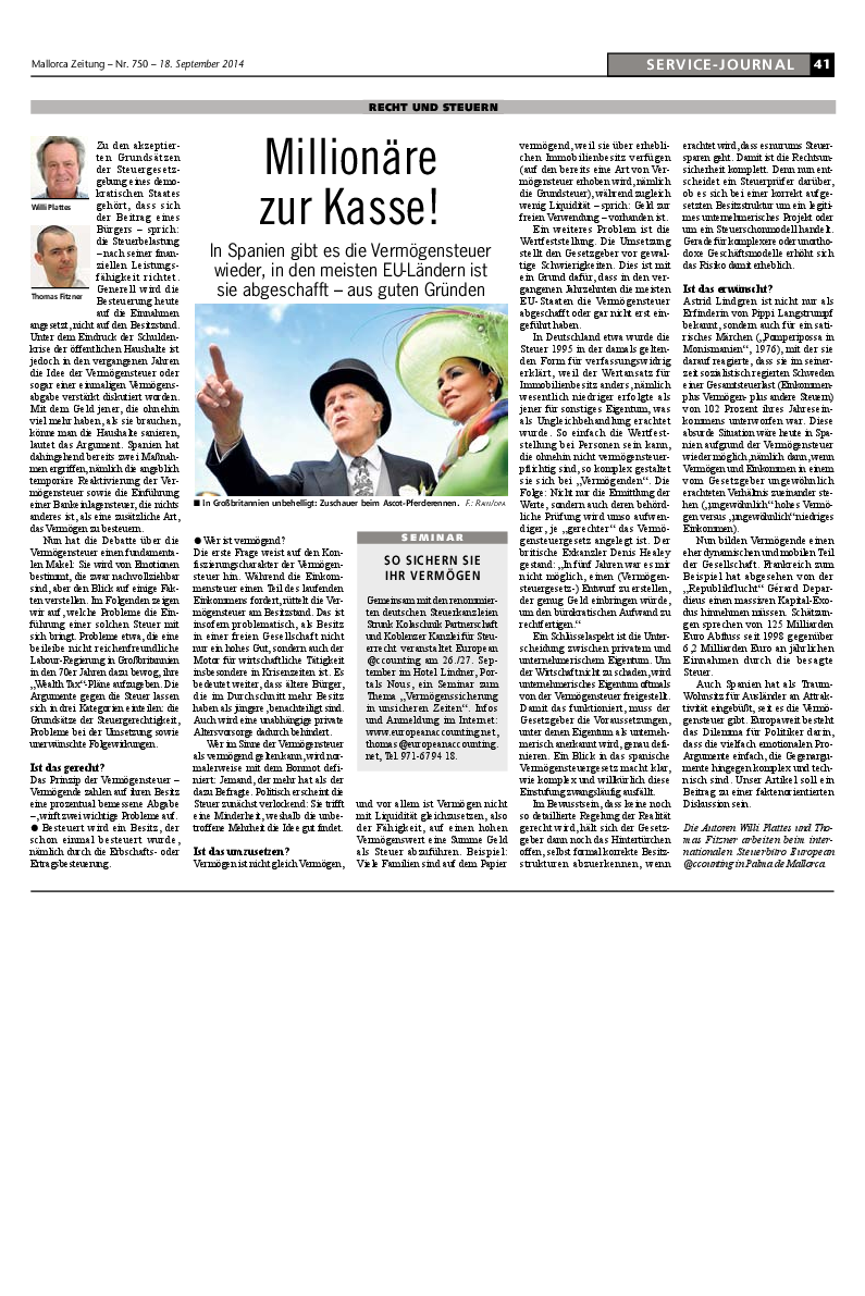 Mallorca Zeitung Nr. 750 - 18. September 2014: "Millionäre zur Klasse!"