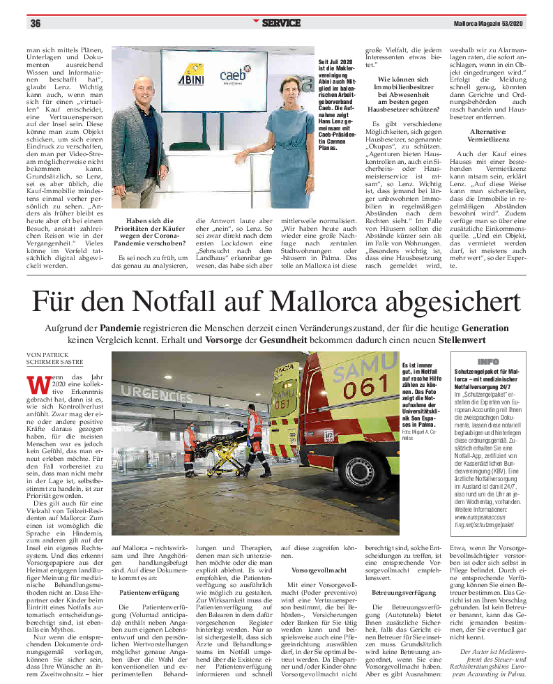 Zeitungsausschnitt mit Titel Für den Notfall auf Mallorca abgesichert