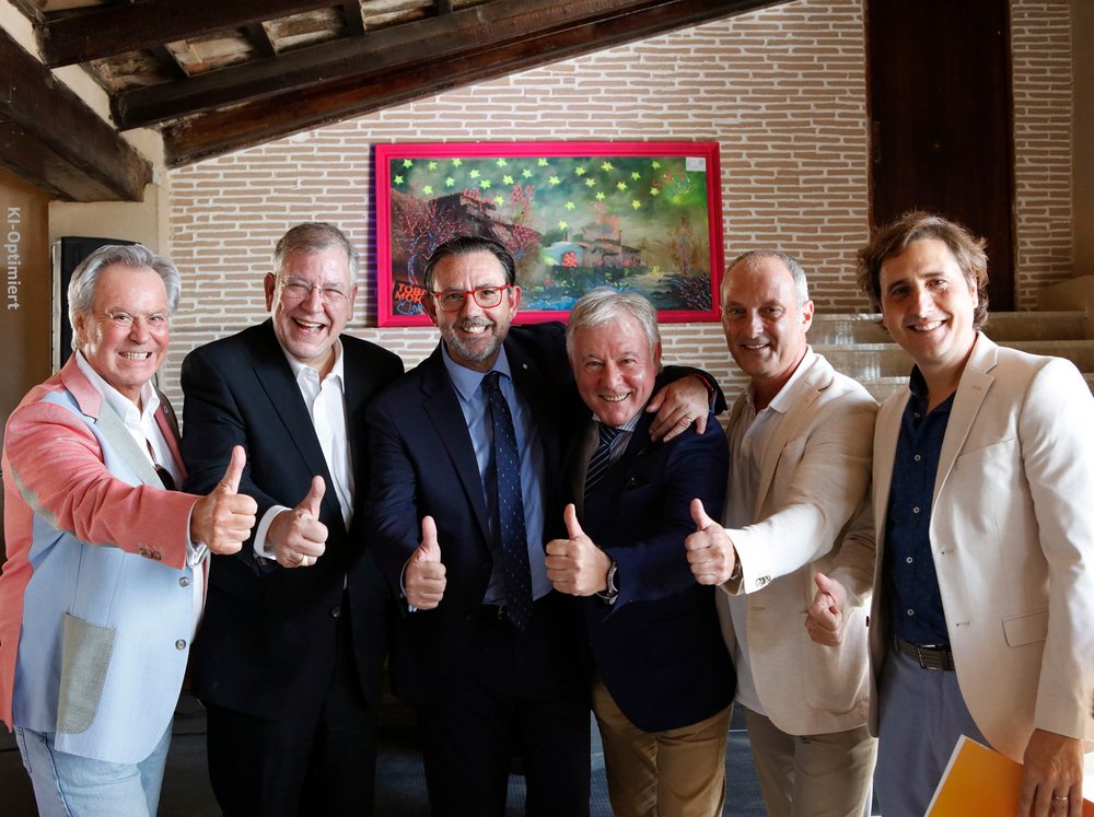 Willi Plattes, Christoph Ahlhaus, Alejandro Sáenz de San Pedro, José Marcial Rodríguez, Hans Lenz und José Mañas beim Treffen des Bundeswirtschaftssenats im Chateau Vino de la Isla.