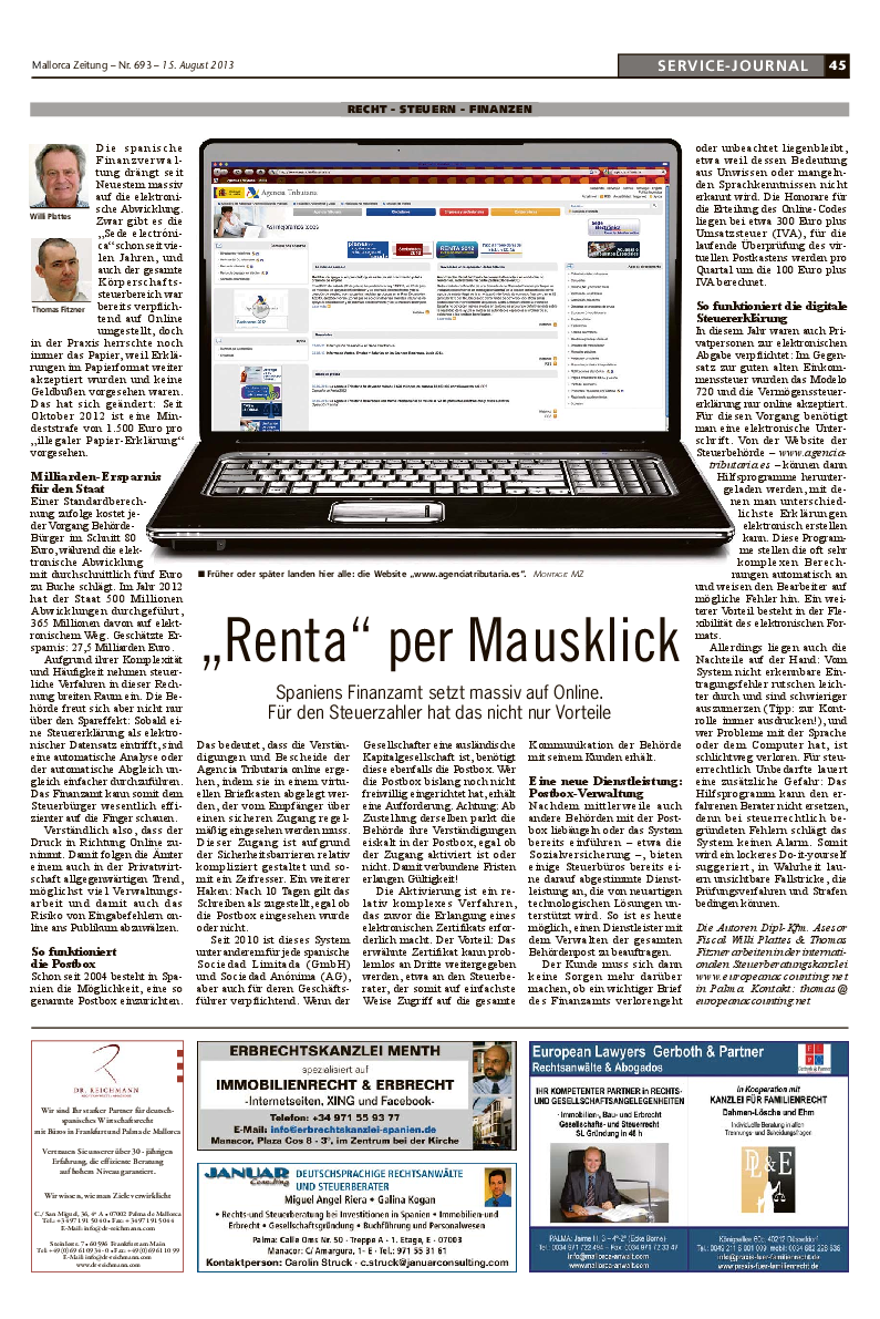 Mallorca Zeitung Nr. 693 - 15. August 2013: "Renta per Mausklick." Mit Willi Plattes und Thomas Fitzner.
