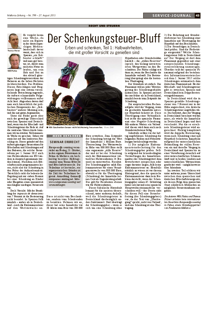 Mallorca Zeitung Nr. 799 - 27. August 2015: "Der Schenkungssteuer Bluff"