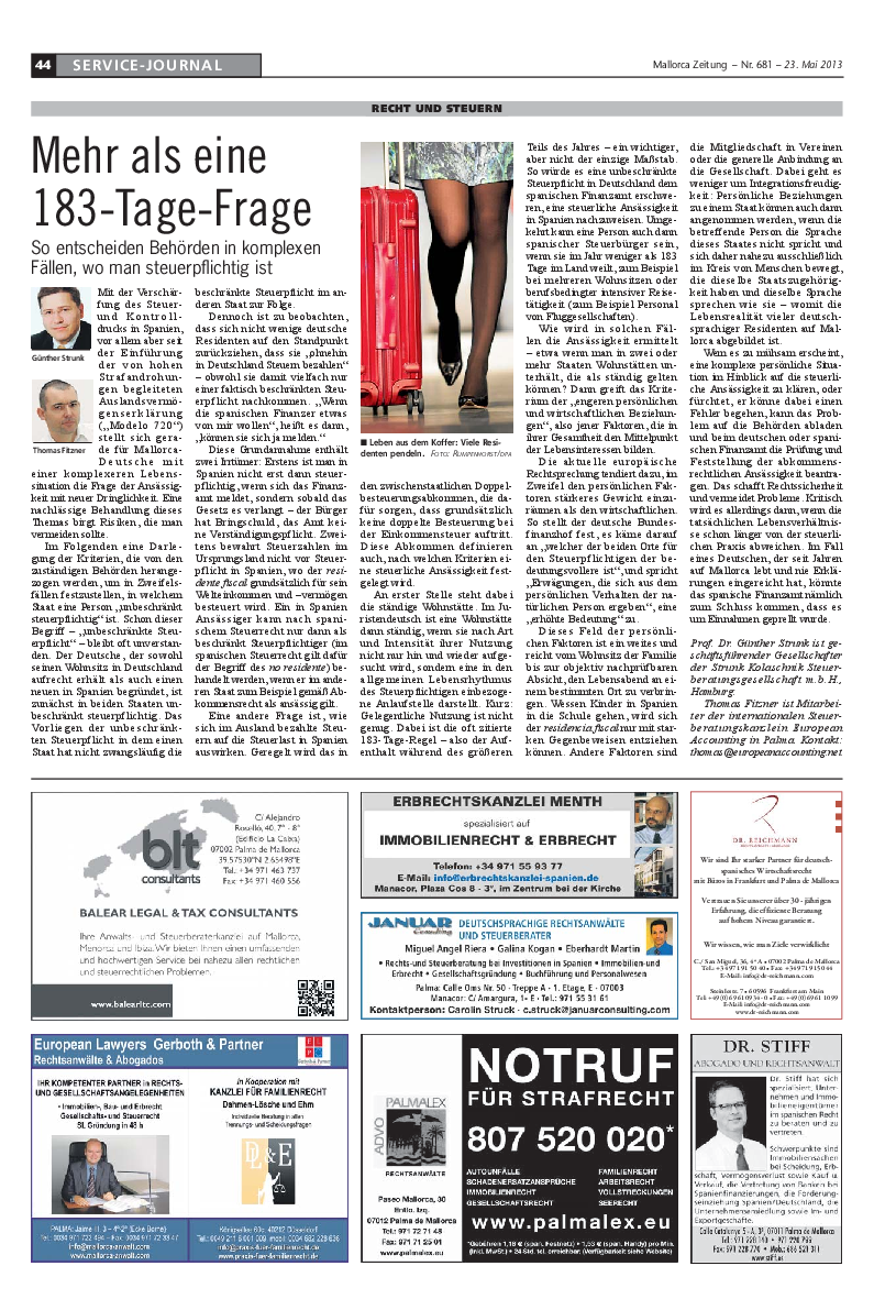 Mallorca Zeitung Nr. 681 - 21. Mai 2013:"Mehr als eine 183-Tage-Frage." Mit Günther Strunk und Thomas Fitzner.