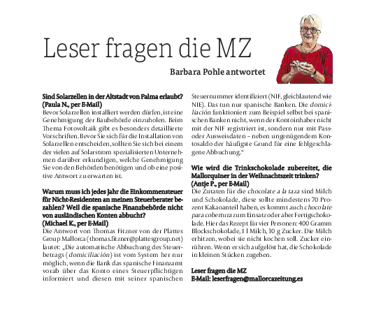 Mallorca Zeitung MZ: "Leser fragen die MZ, Barbara Pohle antwortet."