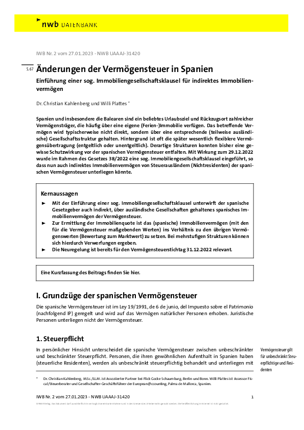 IWB Nr. 2 vom 21.01.2023: „Änderungen der Vermögensteuer in Spanien."