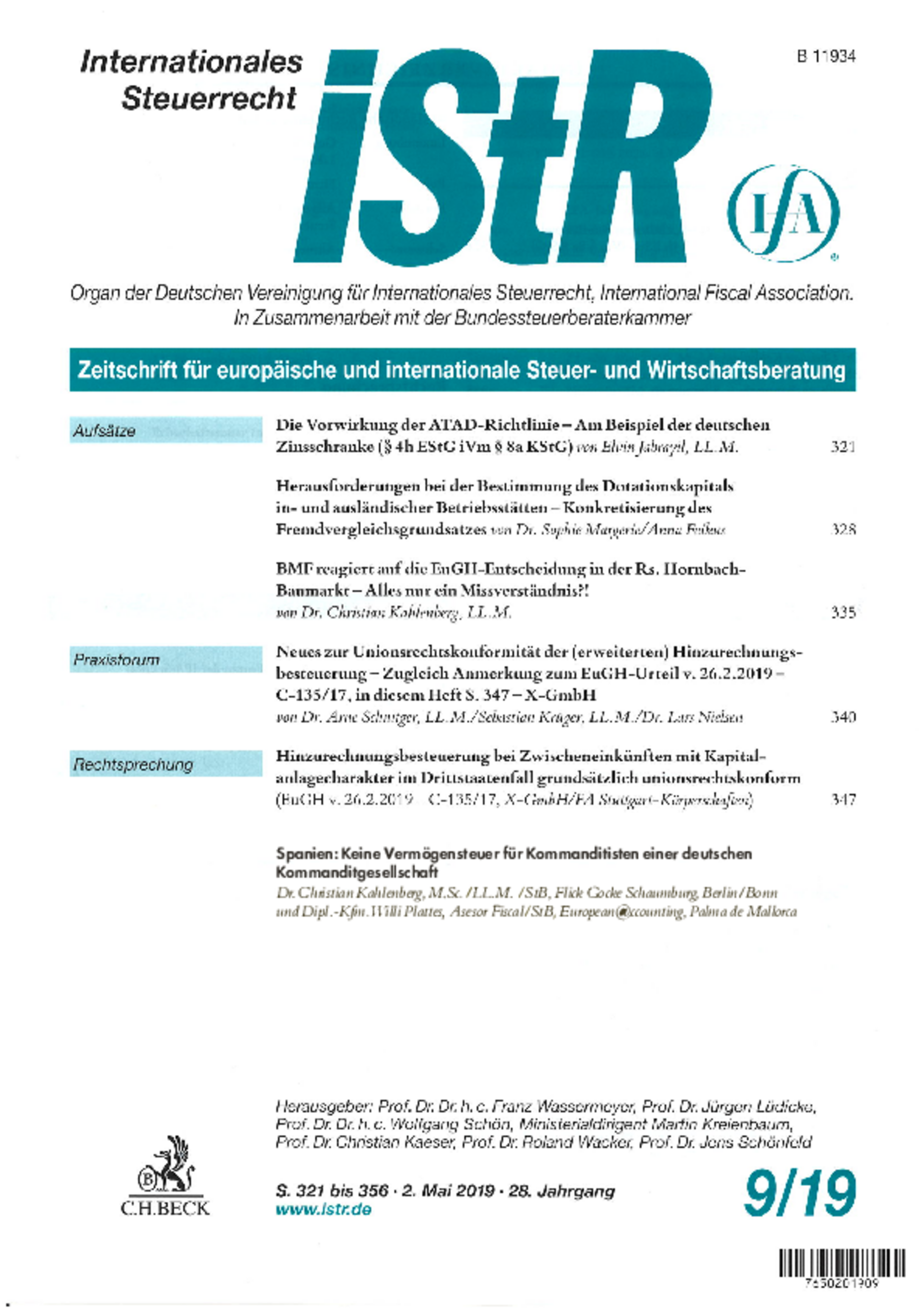 iStR - Internationales Steuerrecht 05/2019: Spanien - Keine Vermögenssteuer für Kommanditisten einer deutschen Kommanditgesellschaft (Mitautor Willi Plattes).