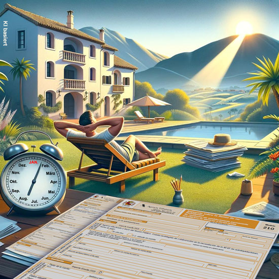 Illustration Modelo 210 mit Kalenderwecker und Mann, der sich auf Mallorca auf einer Liege sonnt