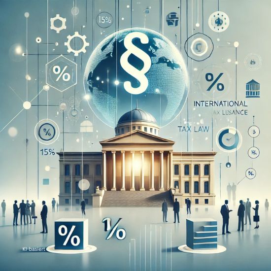 KI-Illustration Gerichtsgebäude mit Weltkugel und Paragrafen-Zeichen