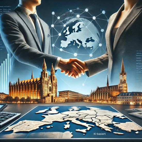 Illustration Kooperation PlattesGroup und Knoll: Zwei Steuerberater, die sich die Hände reichen. Im Hintergrund Mallorca und München