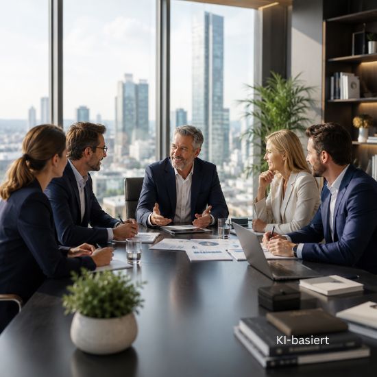 KI Illustration Bürosituation mit Geschäftsleuten an einem Konferenztisch