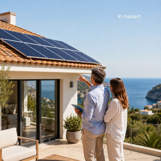 KI-Illustration Mallorca-Finca mit zwei Personen und Solaranlage