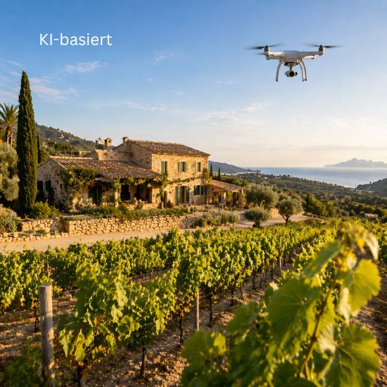 KI-Illustration Mallorca-Finca mit Weinberg und Drohne