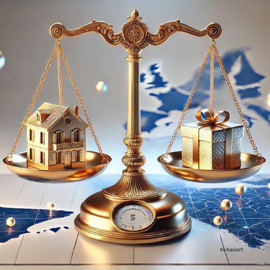 Illustration Erbschaft zu Lebzeiten auf den Balearen: Waage mit Haus und Geschenk im Gleichgewicht