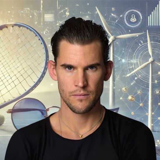 Ex-Tennisprofi Dominic Thiem vor einem KI-Intergrund, der seine Sportlervergangenheit und aktuelle Unternehmertätigkeit repräsentiert