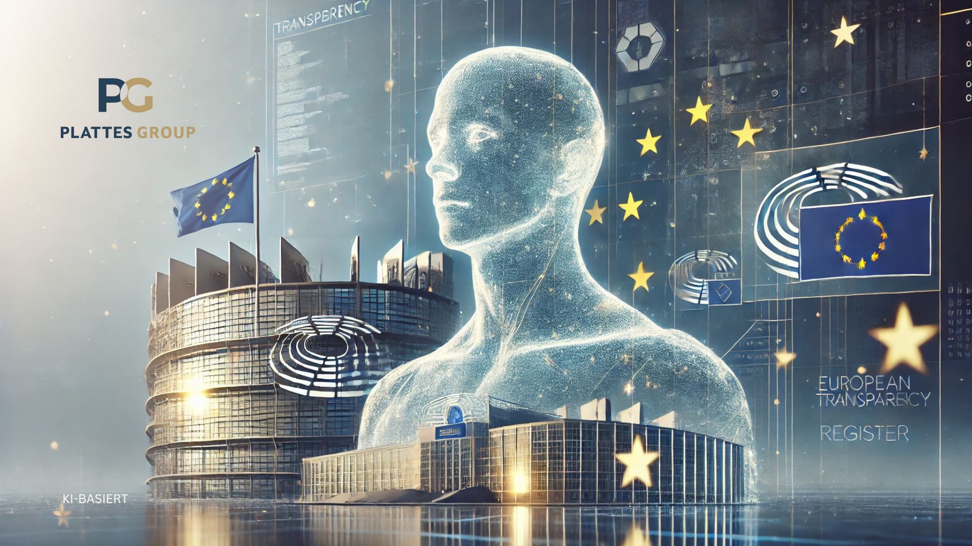 KI-Illustration Gläserne Büste vor EU-Parlament