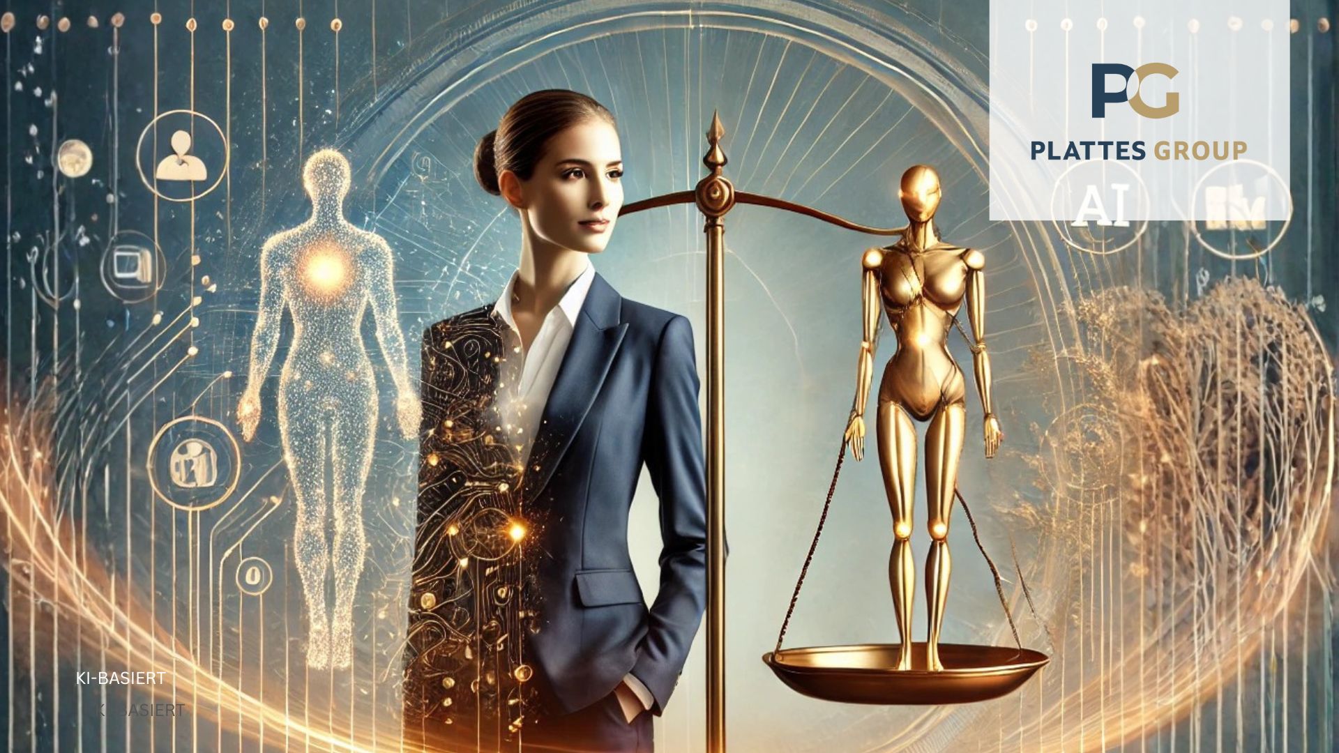 KI-Illustration Beraterin vor verschiedenen Elementen