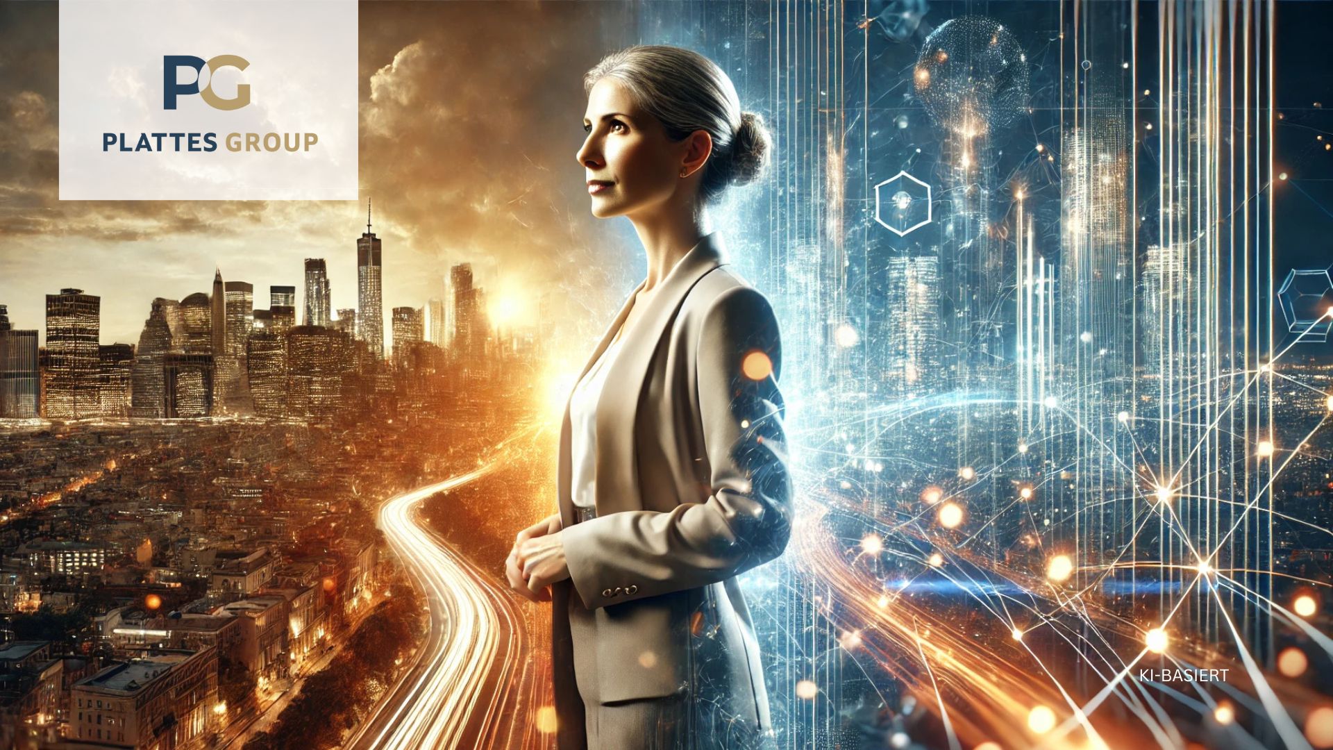 KI-Illustration Businesswoman steht vor zwei Welten