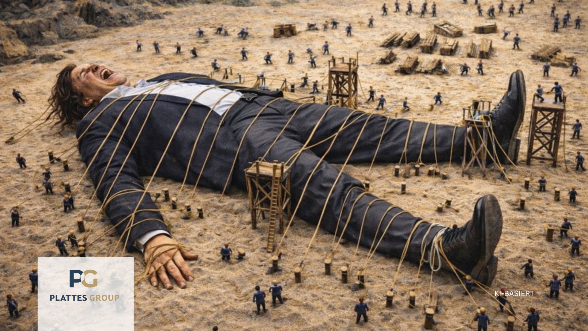 KI-Illustration eines gefesselten Gullivers