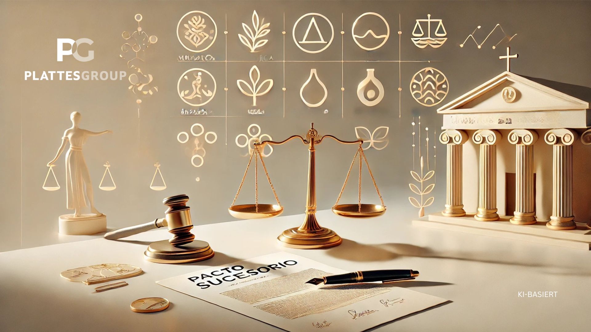 KI-Illustration Nachfolgepakt: Gerichtsgebäude, Unterlagen und juristische Symbole