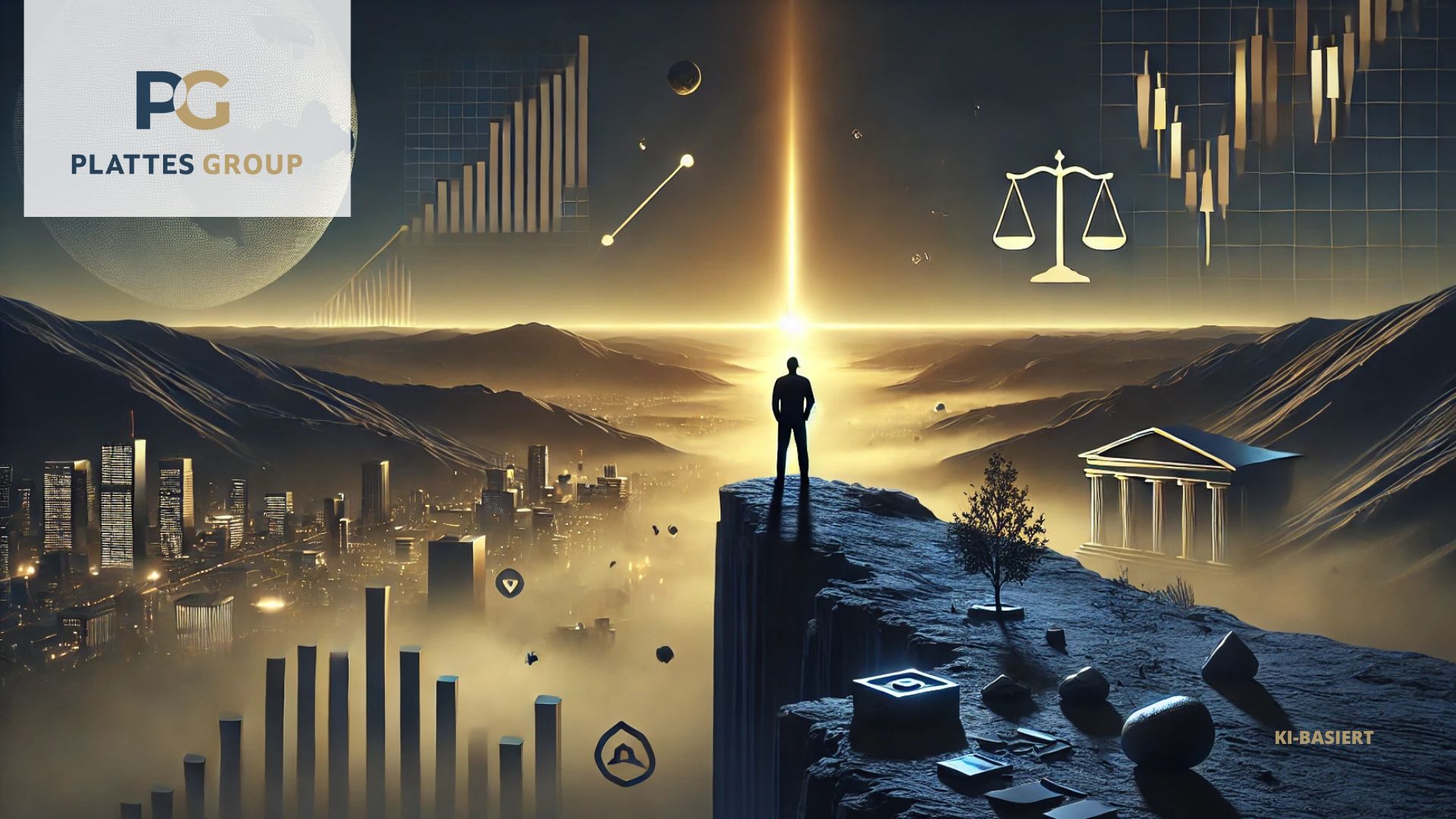 Illustration Mann blickt in eine unsichere Zukunft