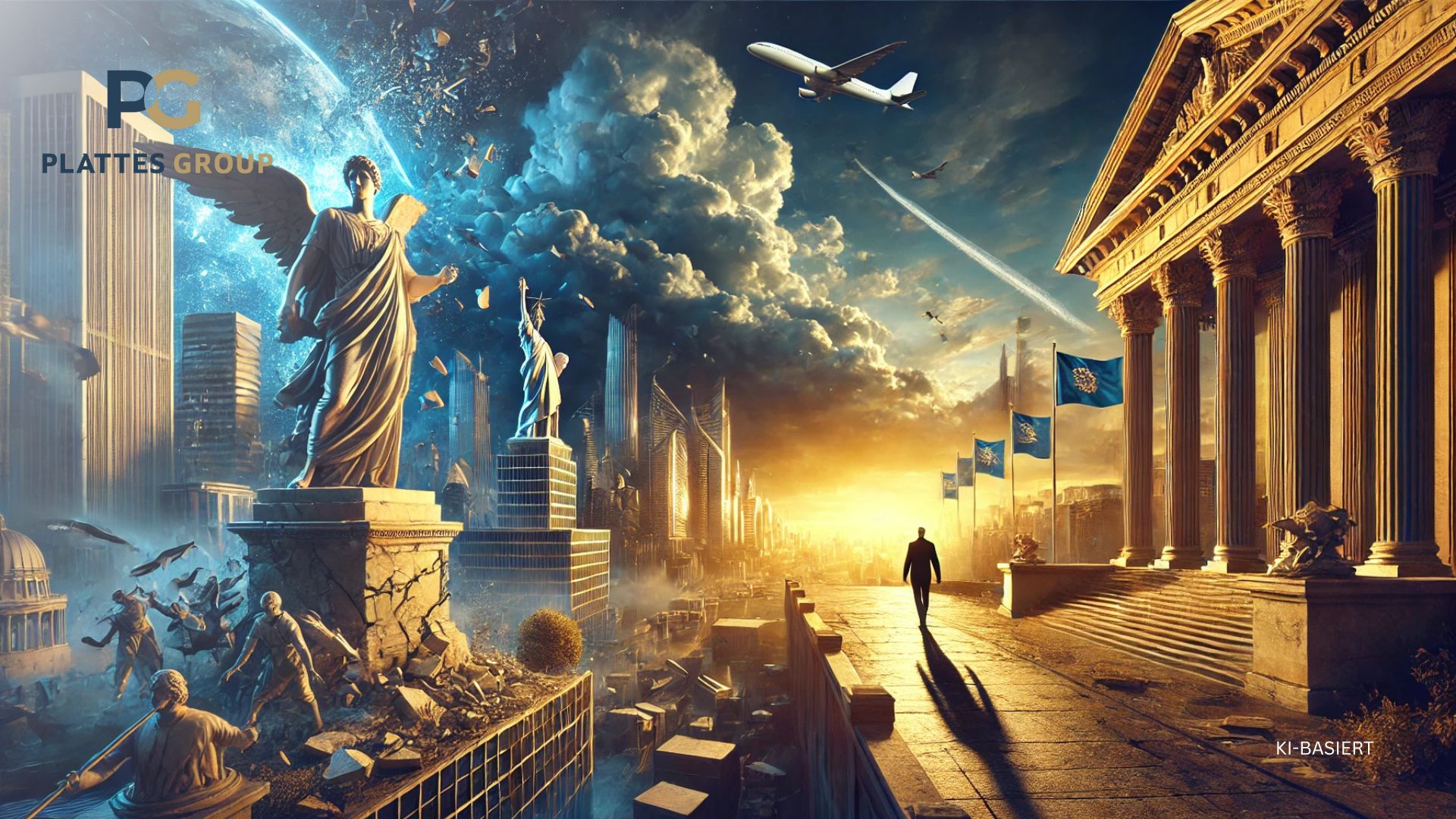 Auf der linken Seite zerbröckelt eine Statue, die für die freiheitliche Demokratie steht – Risse im Fundament, bröckelnde Säulen, dahinter graue, stürmische Wolken. Auf der rechten Seite erheben sich autoritäre Symbole: monumentale, düstere Gebäude mit übergroßen Fahnen und Schattenfiguren starker Führer. In der Mitte steht eine Figur auf einer Brücke, die zwei Welten verbindet: links Demokratie, rechts Autoritarismus. Die Figur blickt nach vorne in Richtung eines hellen Horizonts, wo Sonne durchbricht und Bewegung, Freiheit und globale Vernetzung angedeutet sind – mit Symbolen für internationale Mobilität