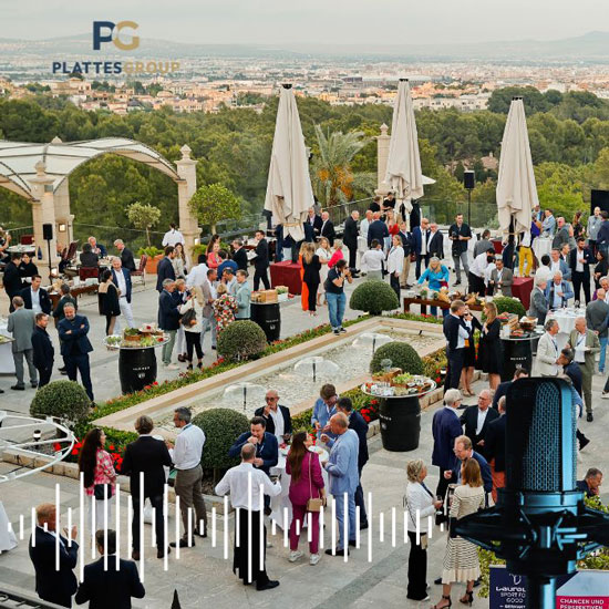 Aus der Vogelperspektive auf die Terrasse des Castillo Hotel in Son Vida fotografiert. Zu sehen sind viele Menschen und die Stadt Palma im Hintergrund