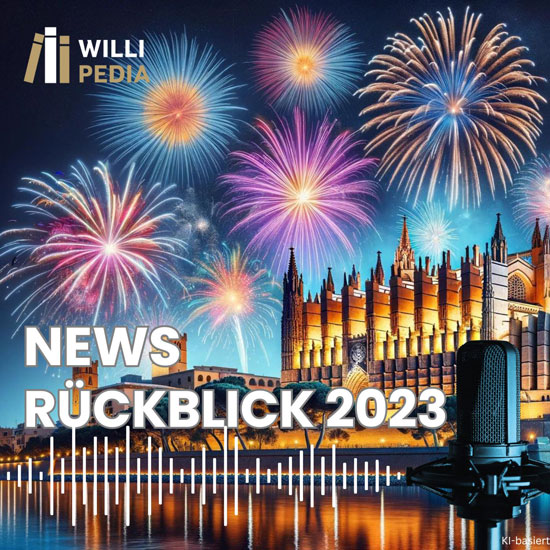 Feuerwerk über der Kathedrale vor dunkelblauem Himmel. Davor steht geschrieben News Rückblick 2023 und das Willipedia Logo erscheint oben links