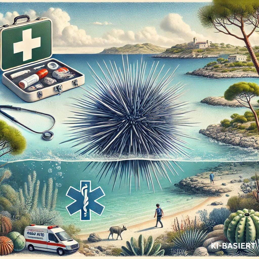 Seeigel im Meer mit Arztkasten. Gesundheitsversorgung auf Mallorca.